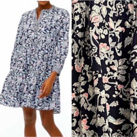 J. Crew Factory Mixed Floral Tiered Cotton Block Print Mini Dress Small - Picture 1 of 9